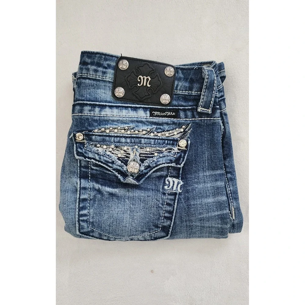Miss Me Easy‎ Boot JE5330E2R Blue Embellished Flap Pocket Y2K Jeans Womens 29
